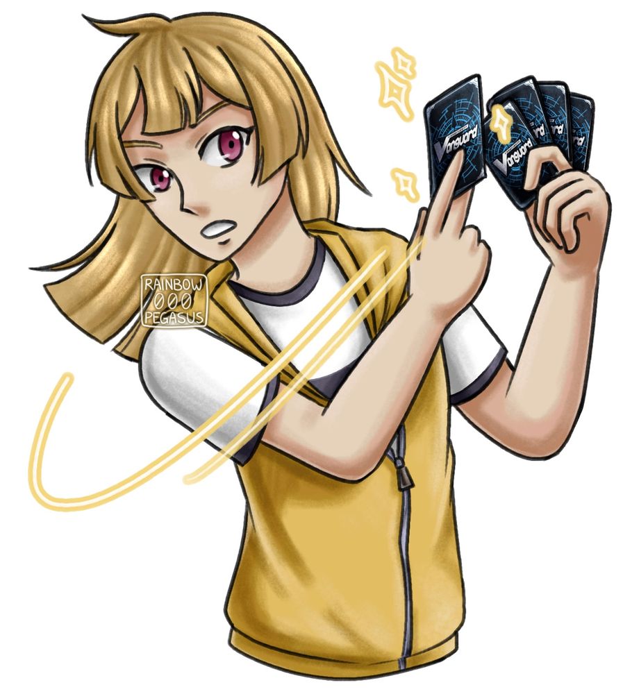 Half body drawing of a charater named Kaede. She has blonde hair and large eyes. She’s holding several Cardfight!! Vanguard cards in her hands in which she draws one to her hand. She wears a yellow jacket over a white shirt.