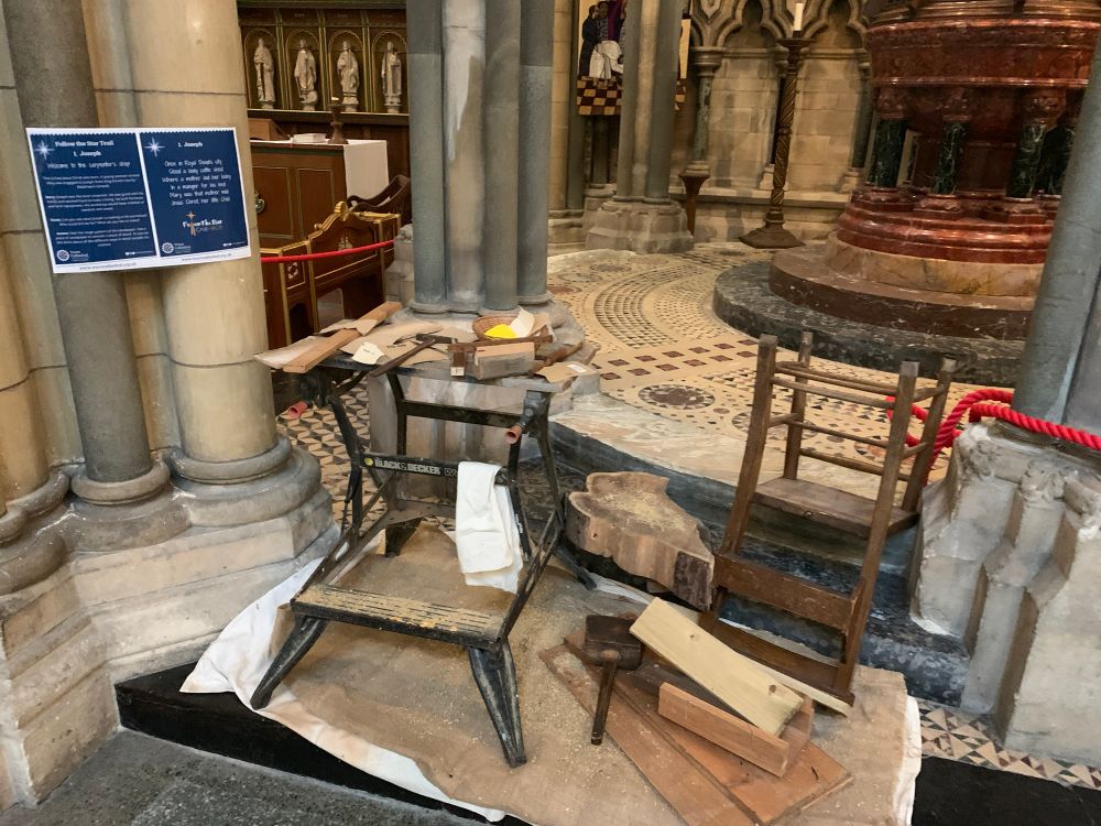 A carpenter’s workshop with a work station and equipment