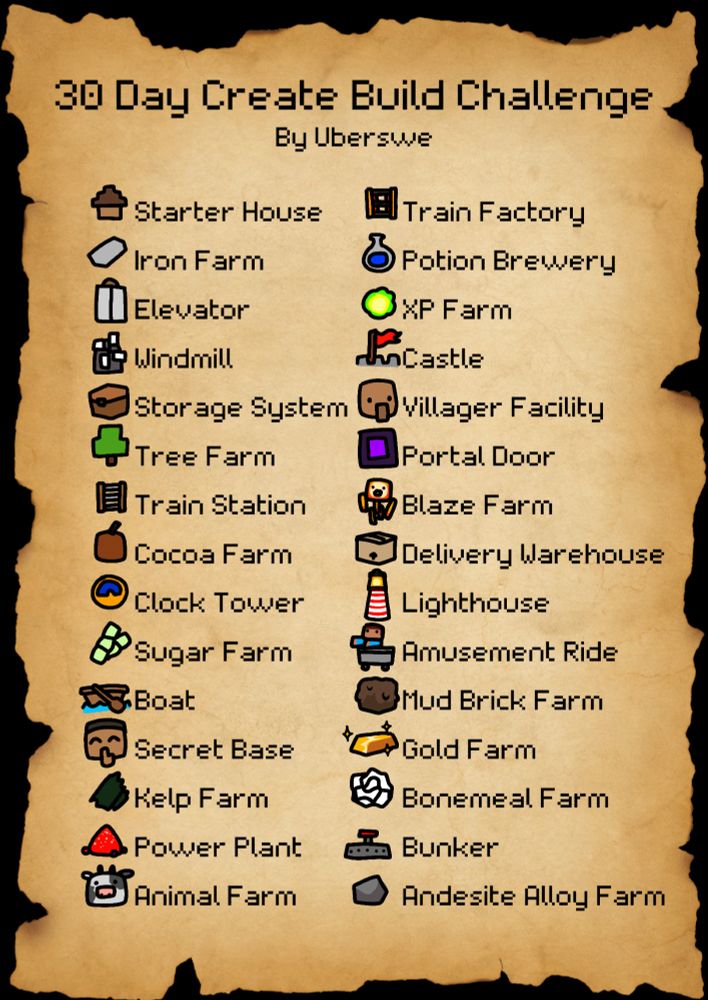 A list of the 30 different Create Mod build prompts for my build challenge in Minecraft.