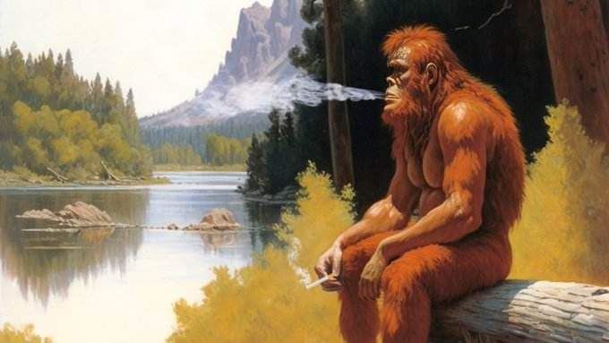 Bigfoot sits on a log looking exasperated as he smokes a cigarette 