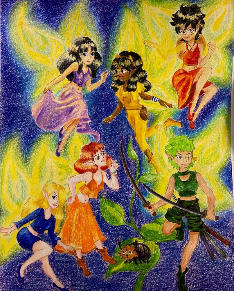pictured is robin, usopp, nami, zoro, luffy, and sanji - they’re all girls as well as fairies! chopper is drawn as a small bug sitting on a leaf
