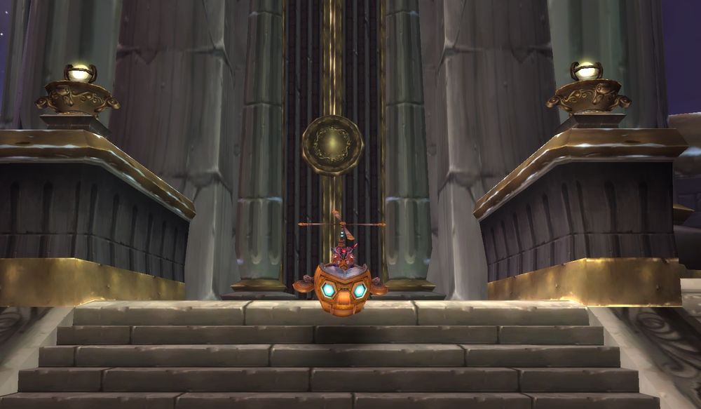 Wow screenshot. My mage is in a weird little robot head mount in front of a Norse inspired building. 