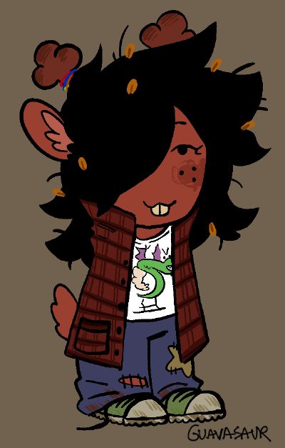 a cartoon image in the style of Andrew Hussie's 'Homestuck' characters depicting a young deer girl who looks at the viewer. She has freckles, messy hair with leaves, and buck teeth. She has silly bandz on her antlers, torn jeans with a star patch, and a Trogdor™ shirt underneath a larger, red-plaid jacket. Her shoes are green, untied and dirty. The bottom of her jeans are also dirty, suggesting she may enjoy running around outside. 