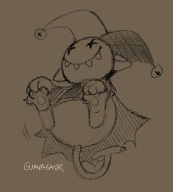 a roughly sketched image of a rotund, impish creature similar to a jester rocking back and forth while holding his cat-like paws. he is smiling 