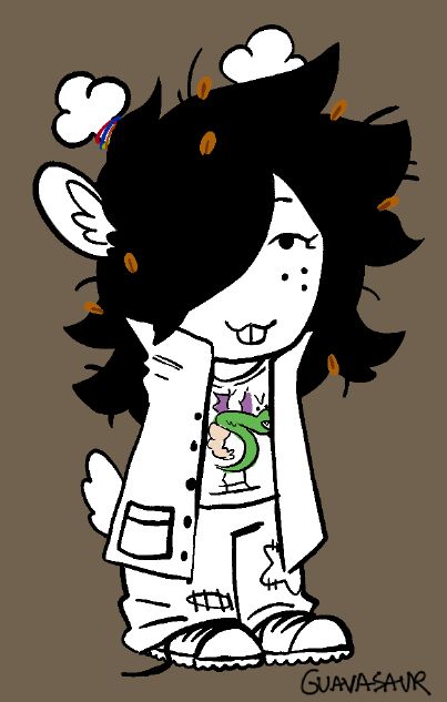 a cartoon image in the style of Andrew Hussie's 'Homestuck' characters depicting a young deer girl who looks at the viewer. She has freckles, messy hair with leaves, and buck teeth. She has silly bandz on her antlers, torn jeans with a star patch, and a Trogdor™ shirt. Her shoes are untied.