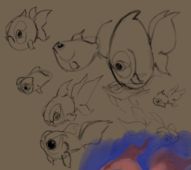 many messy, loose drawings of a stylized goldfish pokemon called Chi Yu