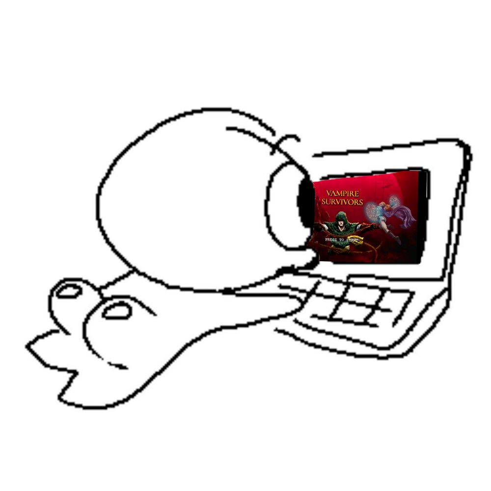 A simplistic doodle of someone laying on the floor on a laptop. They have big round cheeks and on the laptop it shows the Vampire Survivors start screen.