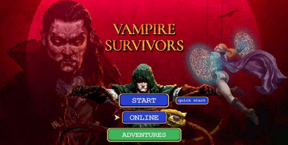 A screenshot of Vampire Survivors main menu screen, showing a new extra button for Online.