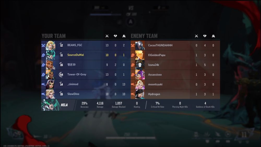 A screenshot of Marvel Rivals showing SourceDuMal as Hela with 10 kills and 0 deaths