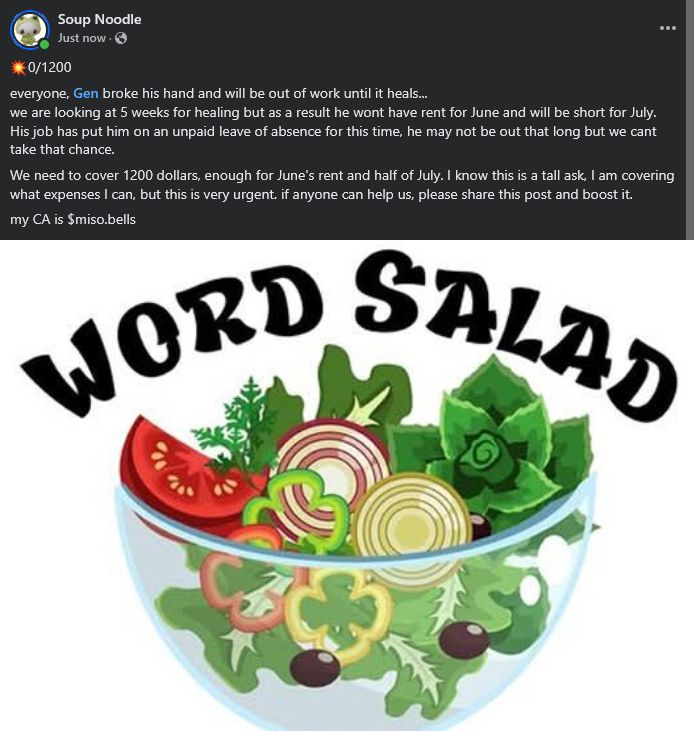 mutual aid post made by my partner in support of my recent injury with a picture of a bowl of vegetables