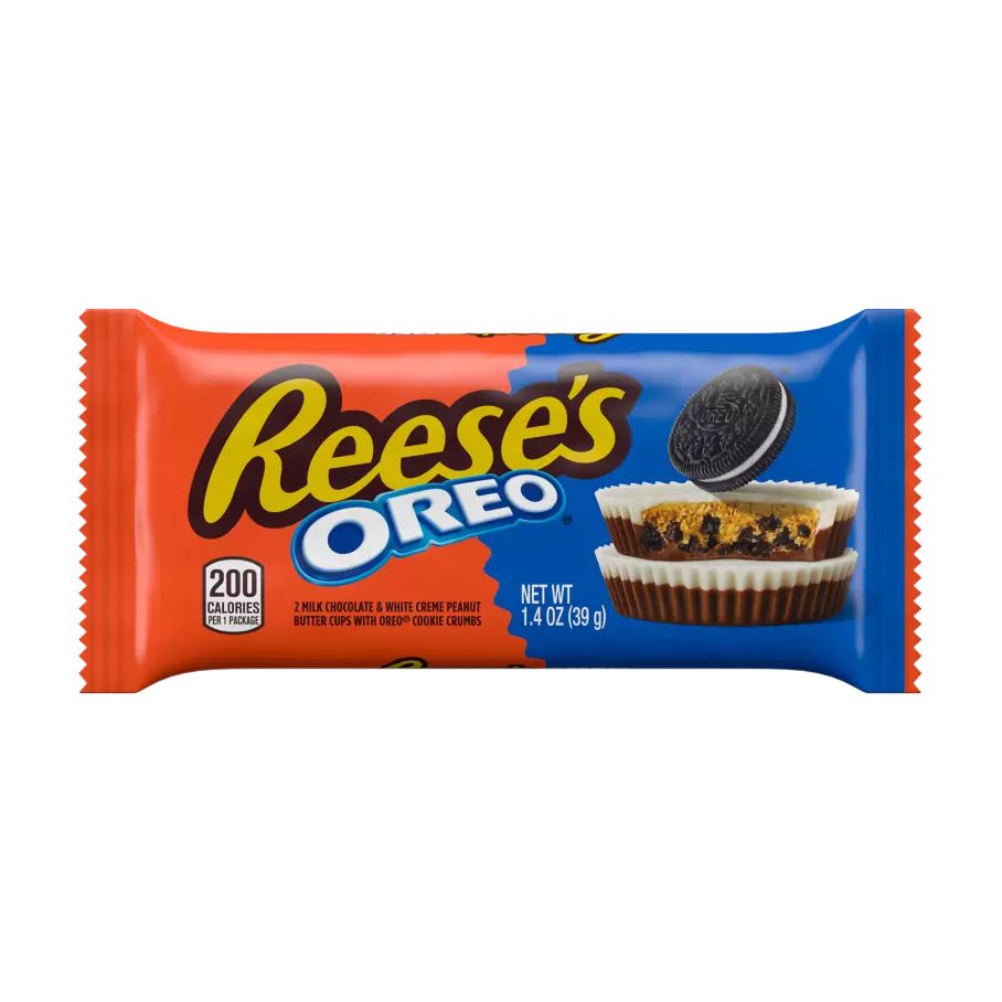 Reese’s Oreo packaging, showing Reese’s cups that are milk chocolate on the bottom, white chocolate on the top and contain a layer of peanut butter and a layer of chocolate cookie crumbles. 