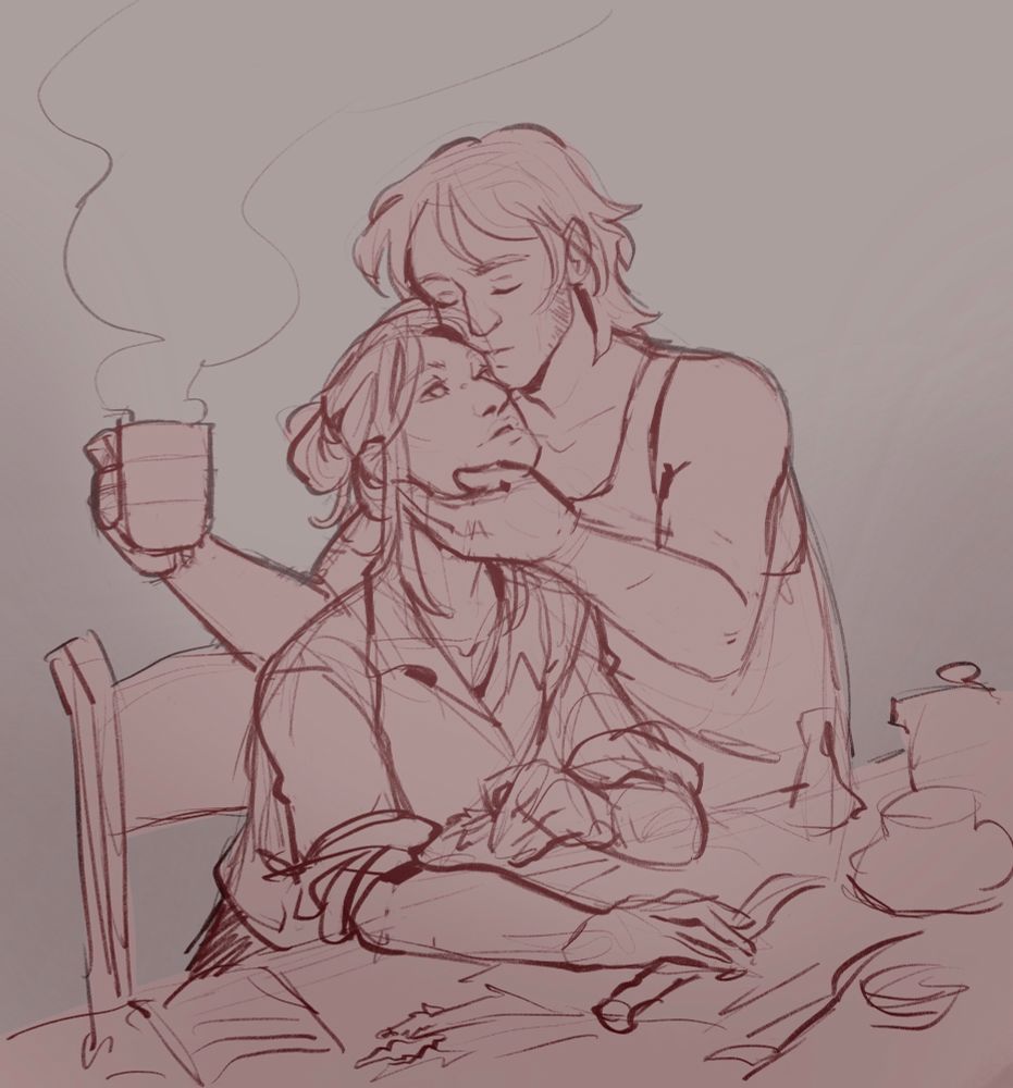 Digital art sketch of two chacaters Sammy (who belongs to hell0w0) and Kallias (who belongs to kaiotisk) interacting. Kallias is sitting on a chair by a desk, the desk is cluttered with different ingredients and containers for spell-crafting. They are wearing a shirt with rolled up sleeves and their head is tilted up to look at Sammy. Sammy is standing beside her with one hand on her chin and the other holding a cup of tea. He is leaning down to kiss Kallias on the forehead.