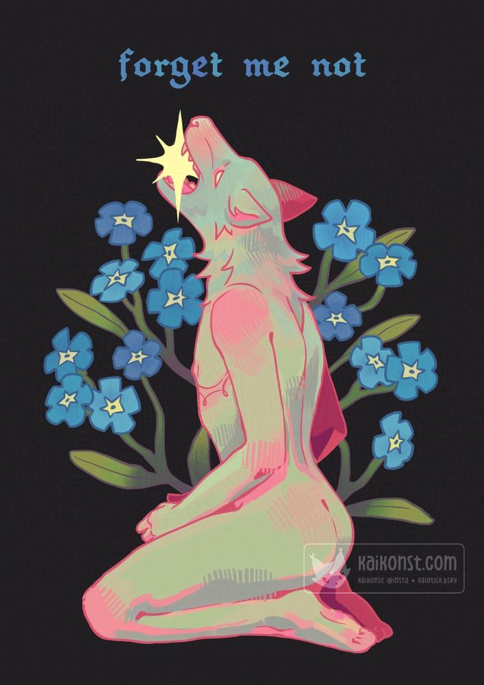 Digital illustration of a person sitting on their knees viewed from the side. Their body is human and has visible top surgery scars indicating they are trans and their head is that of a wolf. The head is tilted up with a large starburst in their mouth and their hands are folded in their lap. The background is dark and behind the person are large forget me not flowers and leaves.