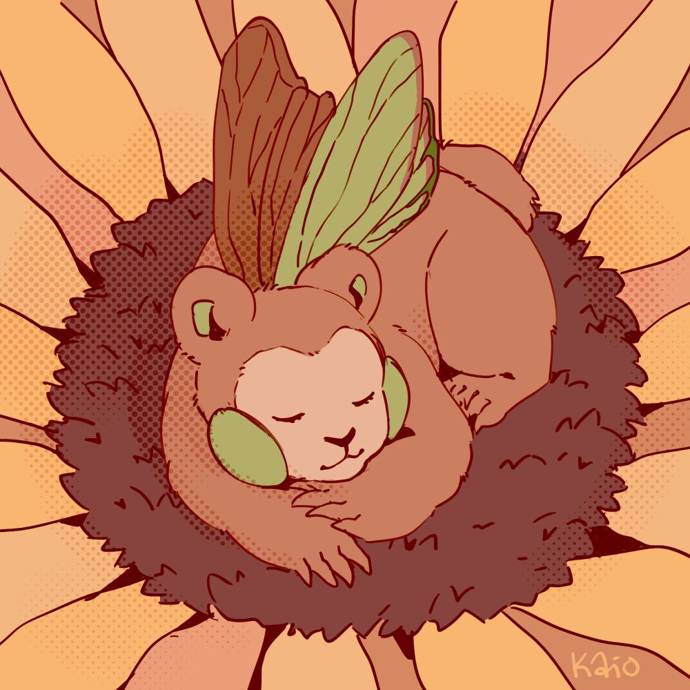 Digital art piece of a small brown bear "Kotte" with green cheeks and butterfly wings sleeping iin the middle of a yellow flower. She is curled up with her front paws under her chin and wings folded on her back.