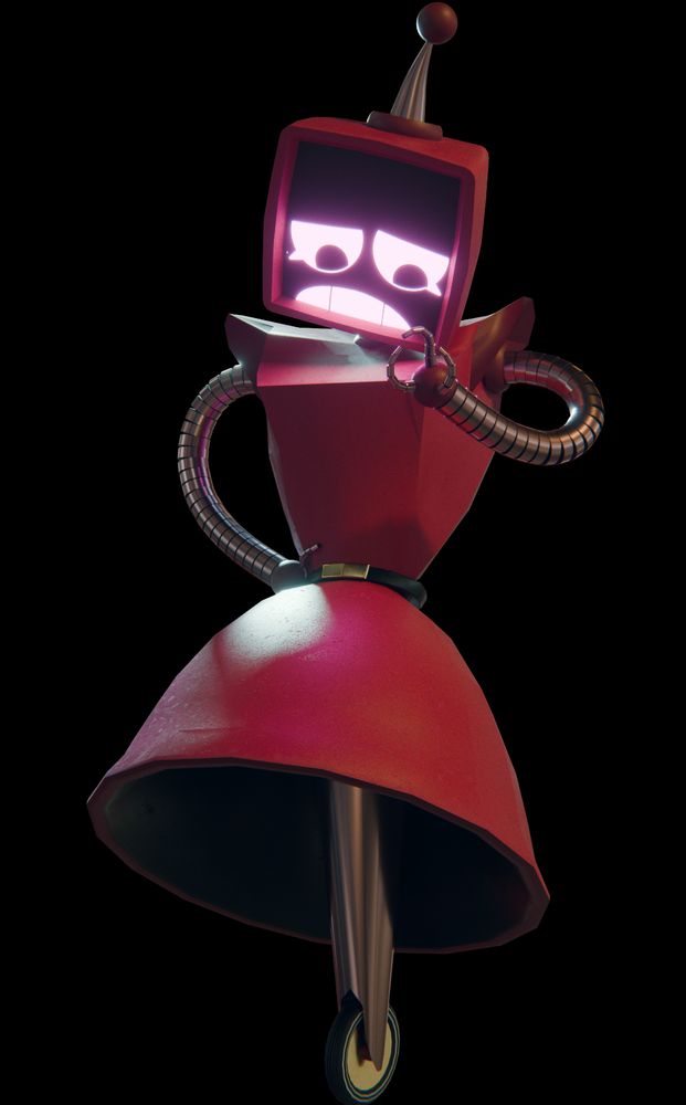 A 3d generated image of the original character Della by lorcanhedgehog.bsky.social, showing her (a feminine coded stylized robot in a red dress with a tv for a head and silver segmented tentacular pinkish-chrome arms ending in a three fingered claw and a single monopod wheel leg) looking at her left hand with a bored expression & resting the other hand against her waist. She is the only thing rendered in the image, with the background being transparent or black, depending on the device and method being used to view the PNG file.

The scene is lit from behind by an invisible light source, causing a rim light effect on her shoulders and torso. There is also a warm diffuse lighting coming from all around her, providing an ambient light. The glow from her television face is also lighting her fingers, chest and the lower bell of her dress.

There is visible sensor-grain on the entire image as if it was taken with a mid range digital camera. The mood is of a character showcase, conveying the sassy tone of the character visible in other renditions by the creator of Della and other fanart of her.