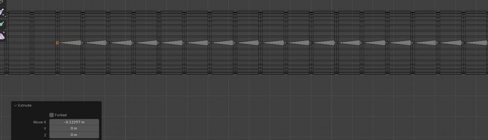a screenshot of blender showing a long segmented cylinder running sideways, shown in wireframe view with a series of connected bone objects running from right to left, apparently in the process of building a skeleton for an animated construct in blender.

At the bottom left an extrusion settings panel is visible with detailed configuration options such as orientation and spatial position in euclidean space.