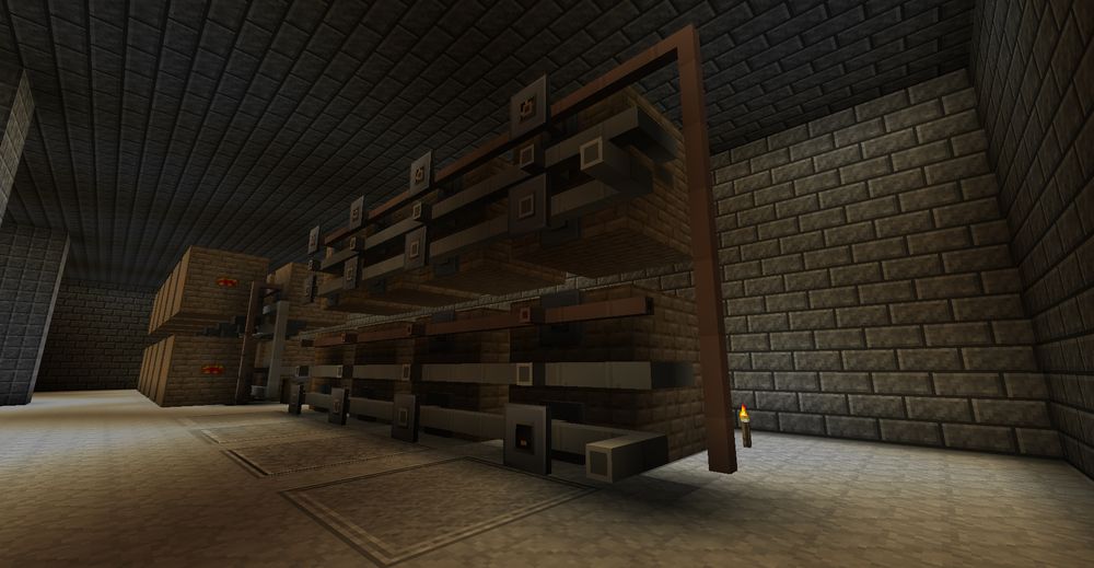 a modded minecraft screenshot showing a large machine formed from seperate blocks of brick structures connected by orderly rows of grey and tan pipes, with small thin vertical slabs on some of the visible connections, as if they're not completed.