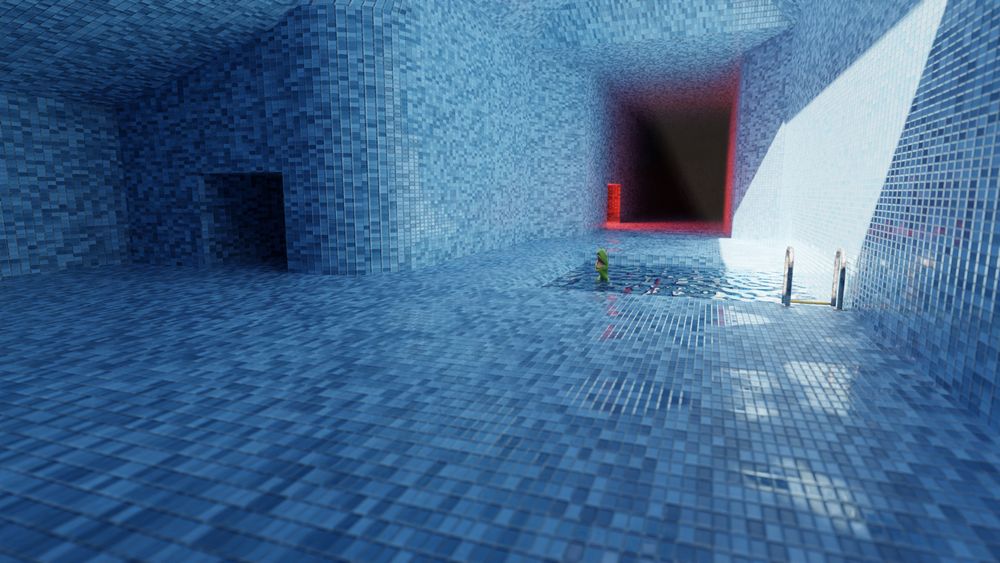 a 3d image of a large space covered entirely in blue tiles one might find in a pool. the rooms layout is roughly in an L with the small leg pushing off to the images left closest to the viewer, which is low to the ground. A small dark passage is cut into the short leg on the left, with the long hallway extending away from the viewer, decending into shadow, with strong red light being cast in the middle distance from a doorway in the hall. A small image of kermit with teeth is emerging from a pool cut into the floor
