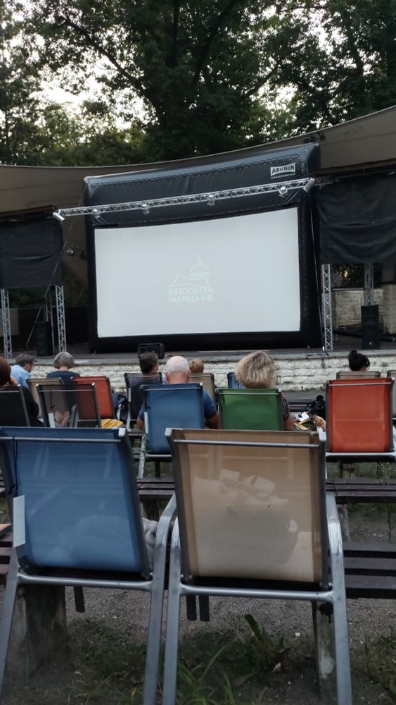 Menschen sitzen auf Gartenstühlen draußen vor einer Leinwand.