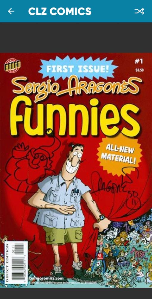 Sergio Aragones' FUNNIES 

A caricature of Sergio in front of a red curtain, revealing a bunch of tiny cartoons