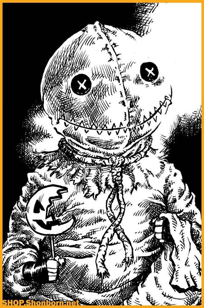 Black and white ink illustration

Sam from the movie Trick 'r Treat, an adorable lil pumpkin boy with a burlap sack mask with button eyes, wearing a sack onesie, holding a sack for candy or other things. He id also holding a partially eaten jack-o-lantern lilipop that is sharpened like a blade.