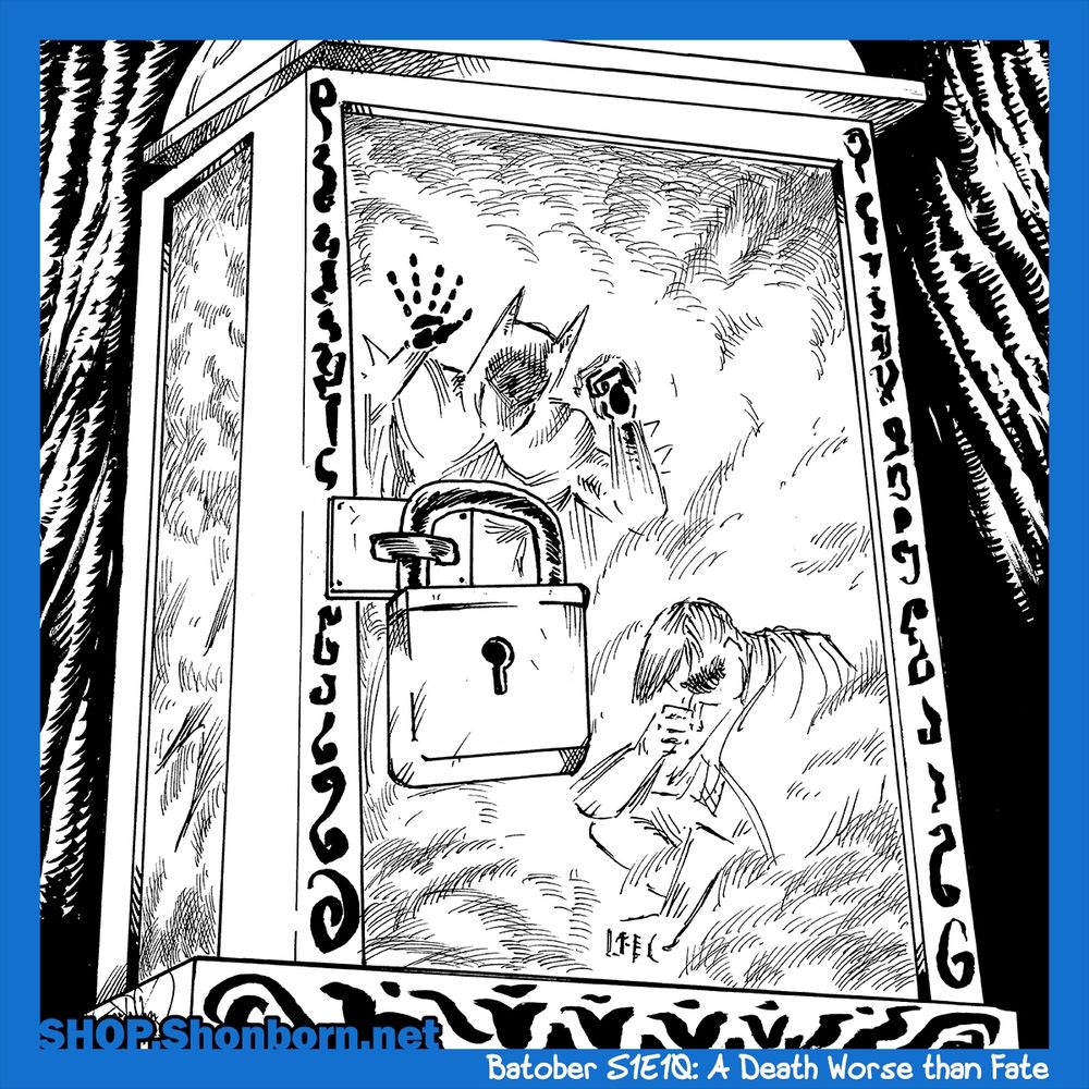 Black and white ink illustration 

Batman and Robin trapped inside a giant smoke-filled box with a giant lock, pounding on the glass (jet-age plastic)