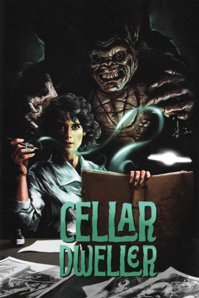 Painted poster for the film Cellar Dweller.

A woman comic artist (pfft, you know this is fiction!) sits amongst a sketchbook and drawings. Behind her, a giant hairy monsters with a pentagram carved in its chest lurks in the shadows.