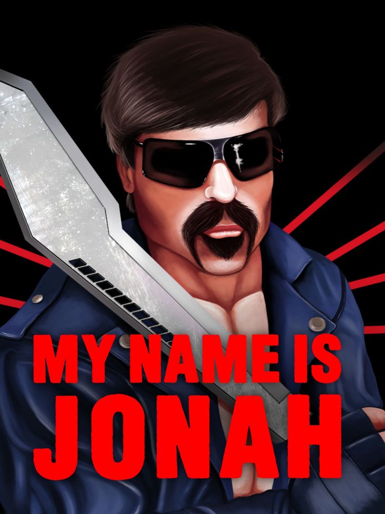 Poster for the documentary "MY NAME IS JONAH"  Featuring a cartoon painting of the film's subject, Jonah Washnis. He is a man wearing sunglasses, a black leather jacket, with dark hair and a fu-manchu type mustache. He is holding a ridiculously huge knife.