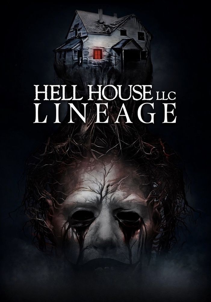 Hell House LLC: Lineage movie poster. Spooky house and creepy clown mask.
