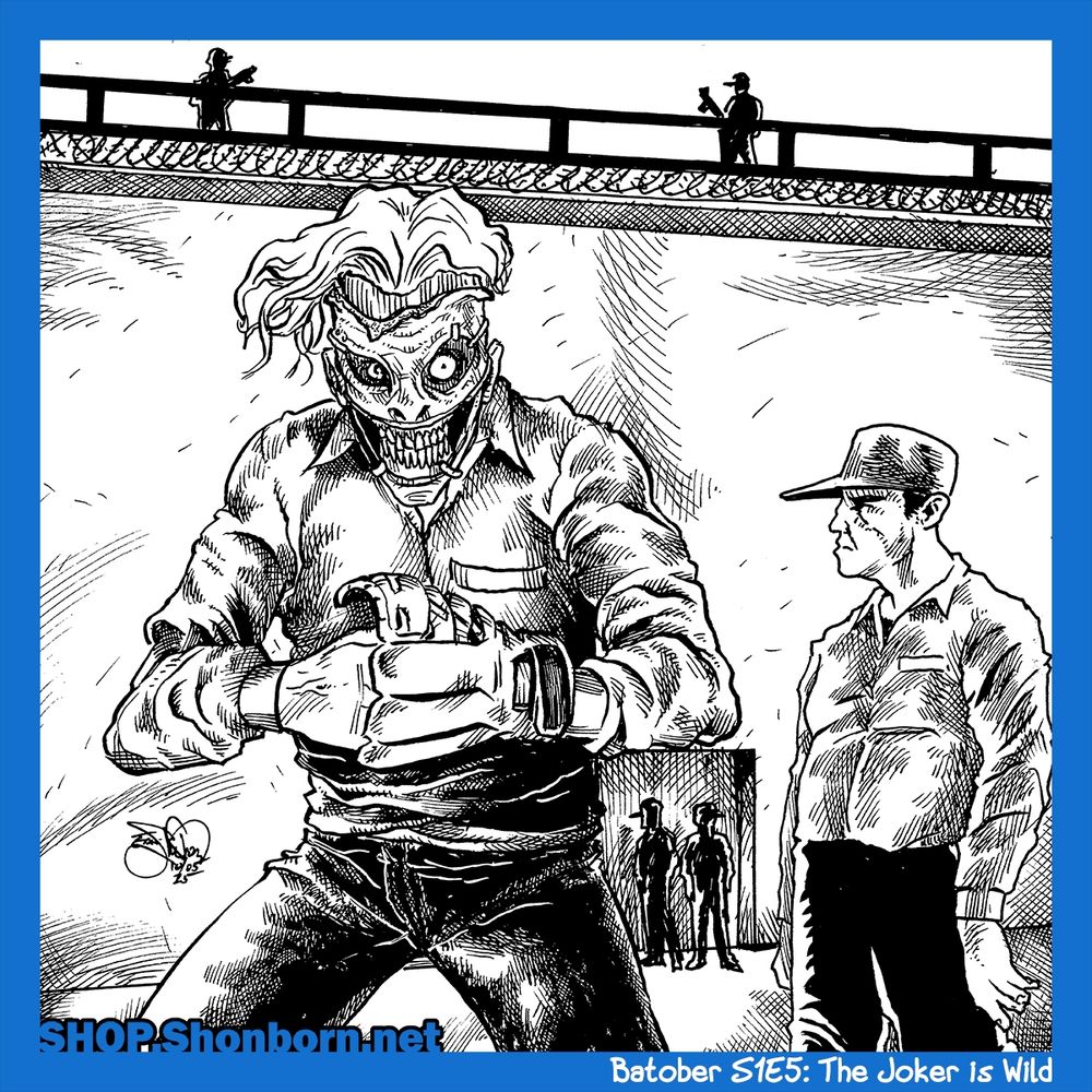 Black & white ink illustration. The Joker wearing his own face as a mask after having it surgically removed cuz GOOD LORD WE'RE EDGY MOTHERFUCKERS MAKING COMICS THAT AREN'T FOR FUCKING BABIES, YOU FUCKING BABY. 

He is wearing a prison uniform and a softball mitt. He is pitching during a softball game. There's a guy standing behind him looking off. In the background, there's some dudes hanging out by the prison wall. On top of the prison wall are armed guards patrolling near the barbed wire.

EDGYYYYYYYYYY
