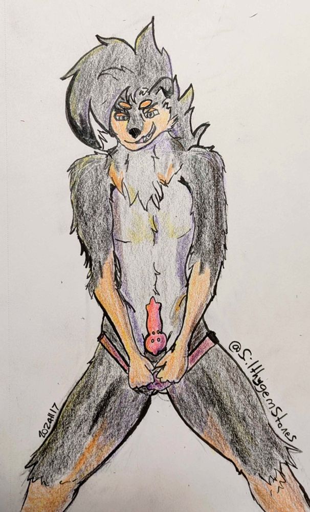 A werewolf lycanroc pulling his underpants down to show his erect penis.