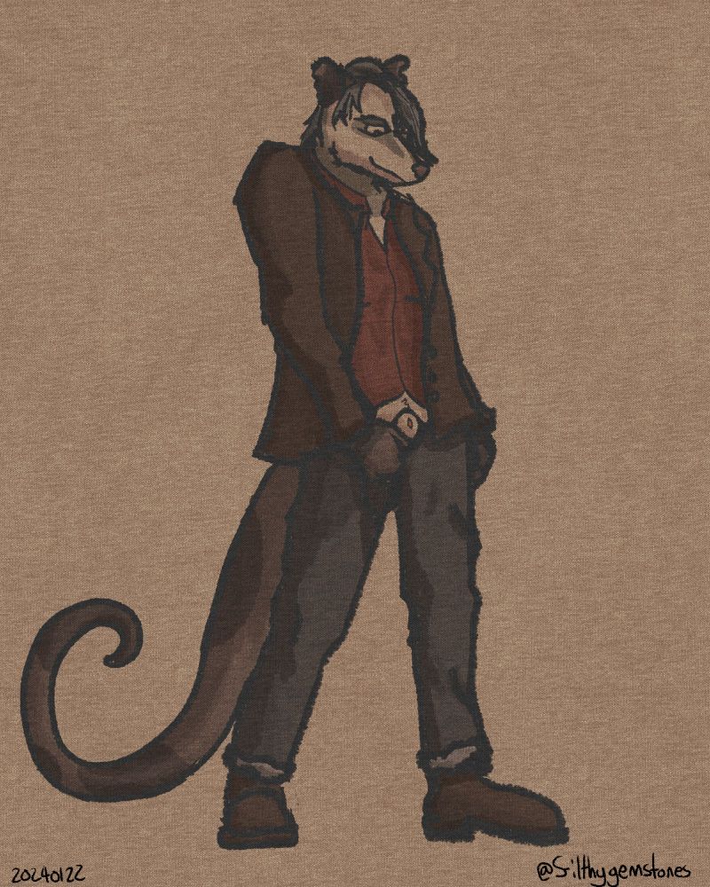 Sketch commission for Kalus.

Depicted is an Opossum pulling down his pants, revealing his sheath, while a devious look sits upon his face.
