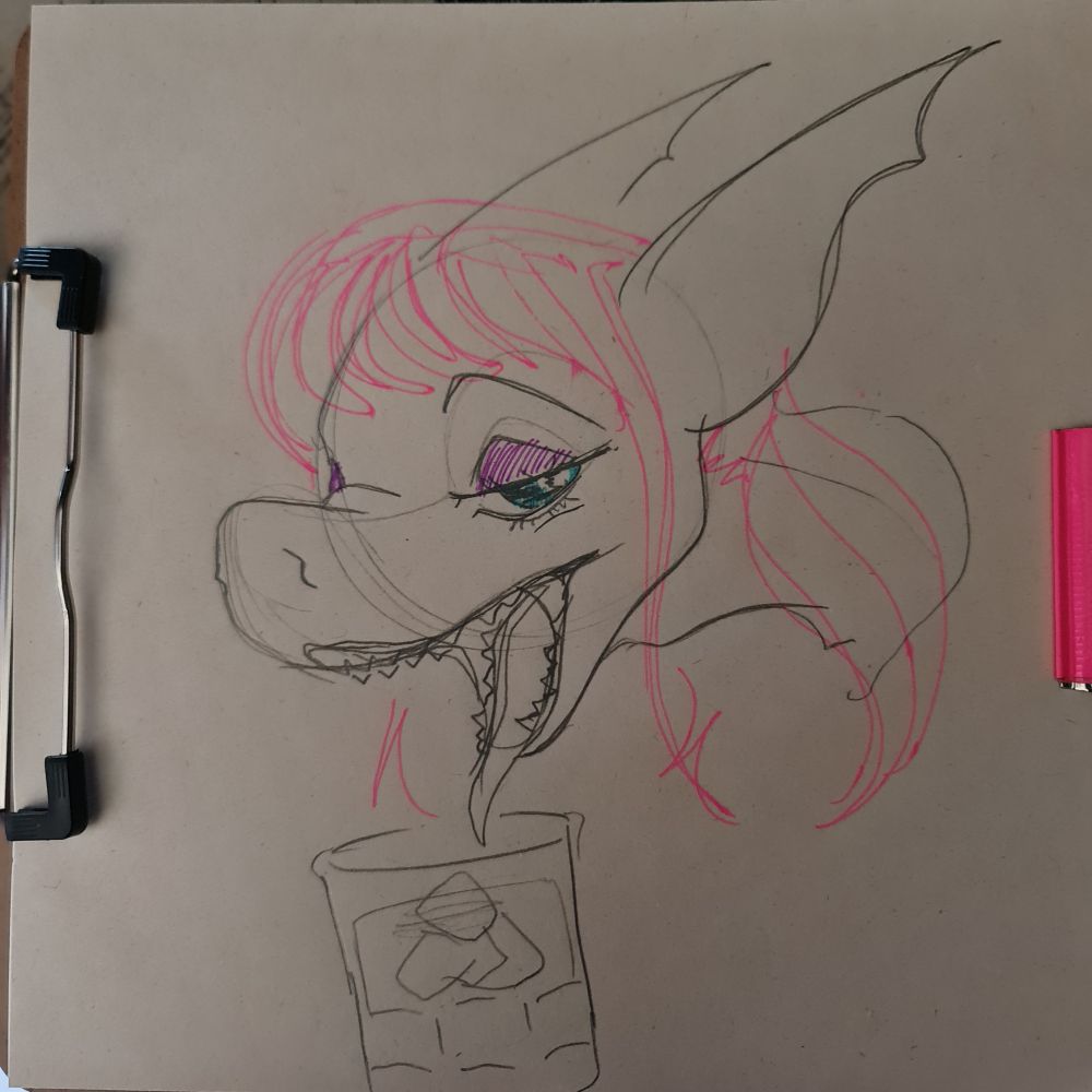 A sketch of an anthro shark character slurping on a drink using their tongue while looking playfully at the viewer.

Art by @nkddizastar