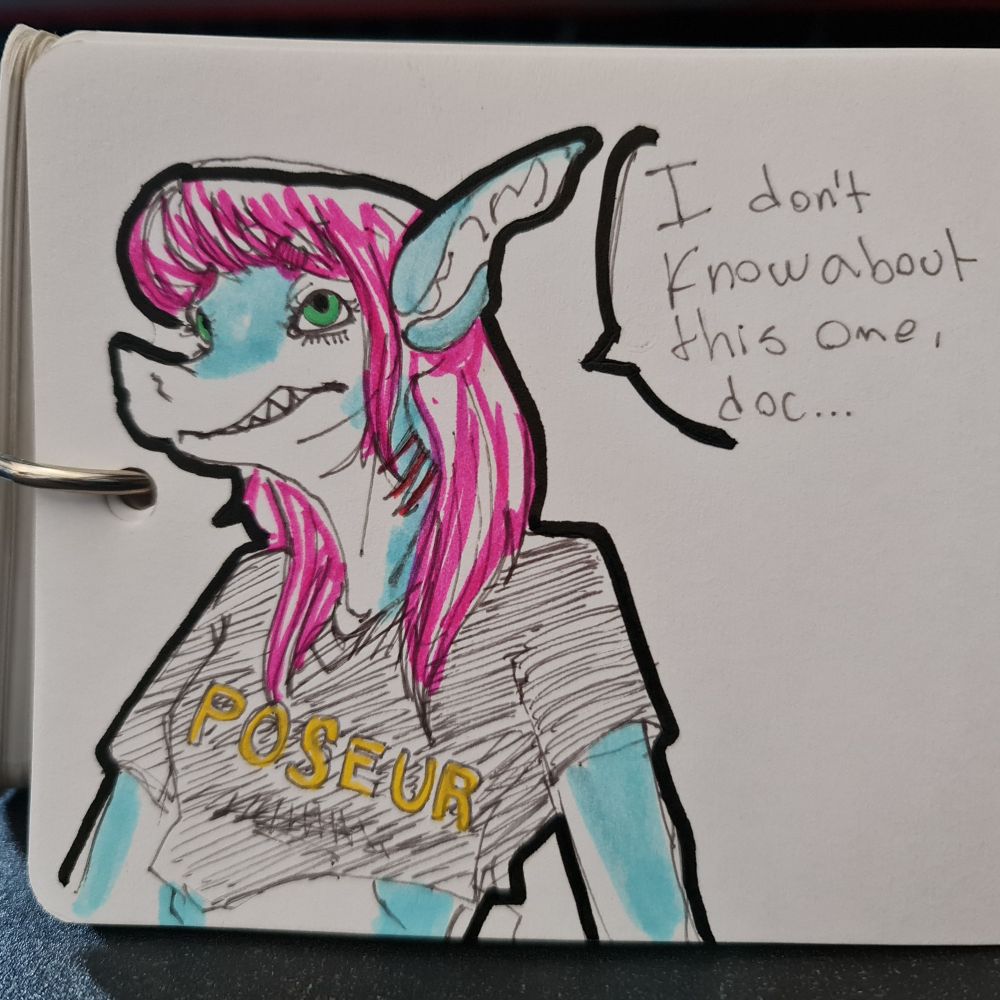 Drawing of an anthro shark OC named Sharko wearing a black croptop that reads "POSEUR", looking slightly disconcerted, with a speech bubble that says "I don't know about this one, doc..."

Art by @nkddizastar