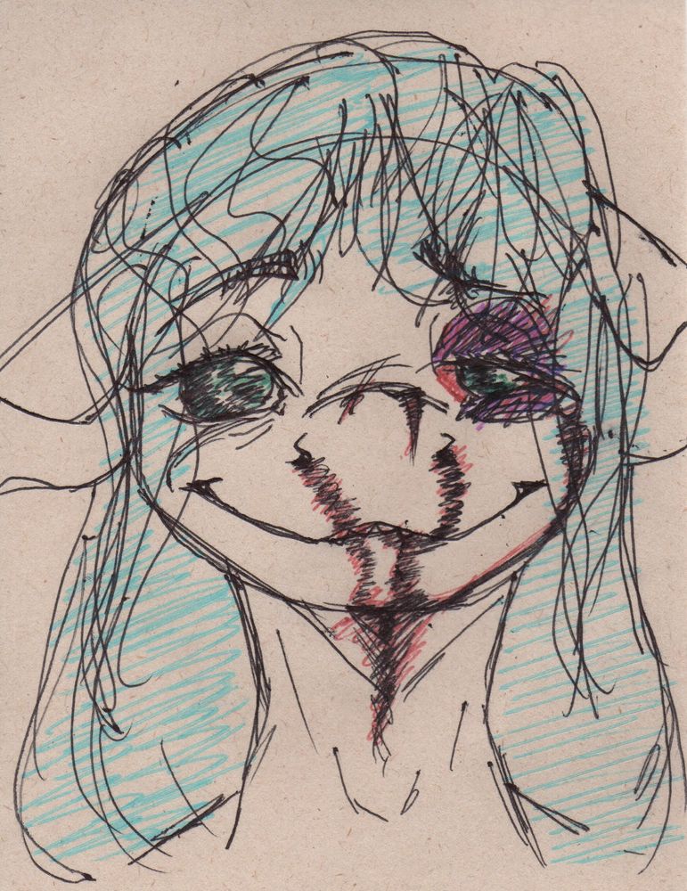 Sketch of an anthro shark with a black eye, having been beaten up and bloodied looking at the viewer and smiling.

Art by @nkddizastar