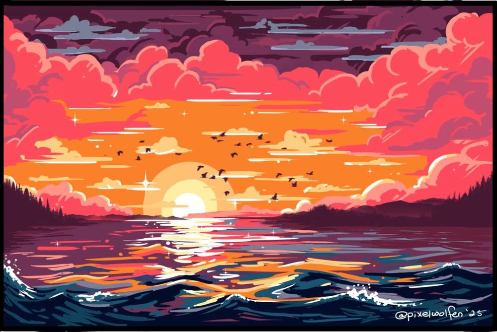 Digital painting of a sunset over the ocean