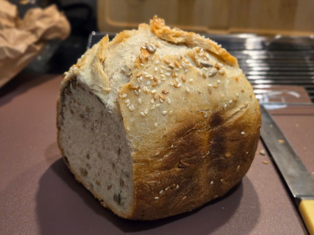 A small white seeded loaf with one slice cut out if it, it looks pretty damn good imo