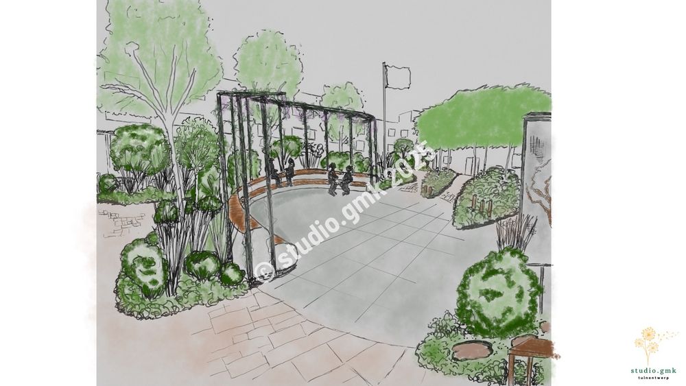 Impressie getekend voor een nieuw plein tussen de gebouwen, met een tribune en begroeide pergola erboven, zodat veel mensen in de schaduw kunnen zitten. En natuurlijk veel groene borders vol bomen, heesters en planten eromheen. 