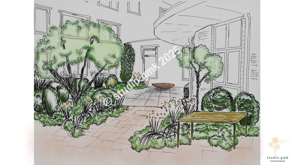 Impressie getekend van een paadje naar een nieuw rond terras met een bankje onder het afdak, een waterschaal en waar je kunt zitten tussen mooie groene borders vol planten en grote en kleine heesters. 