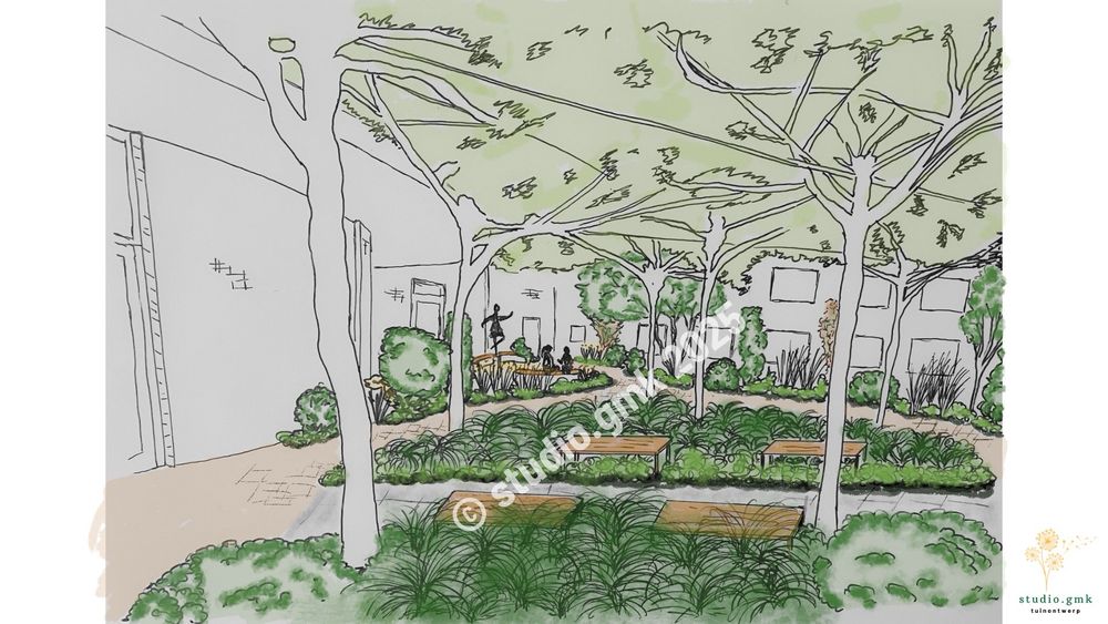 Impressie getekend van het terras met dakbomen maar dan nu met groene borders vol planten eronder, in plaats van de huidige tegels.
