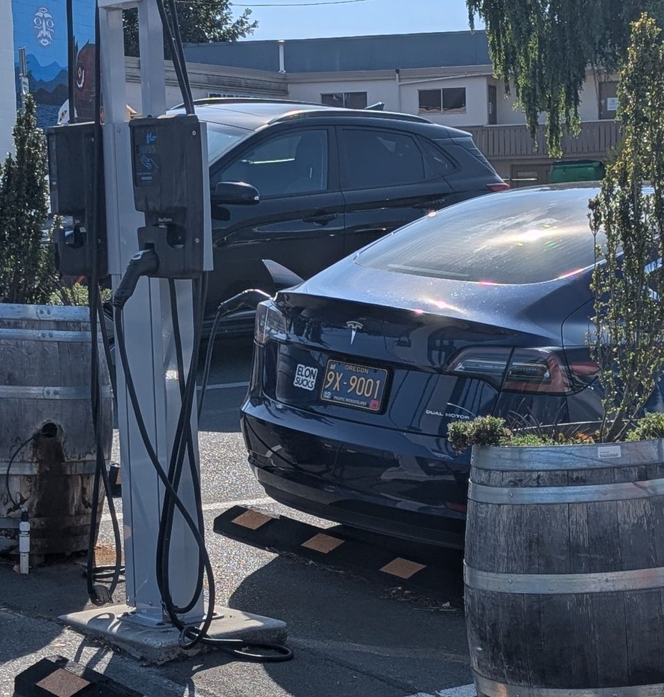 A Tesla with Oregon plates and bumper sticker "Elon sucks" charging at the charging port at a craft brewery in Victoria BC.