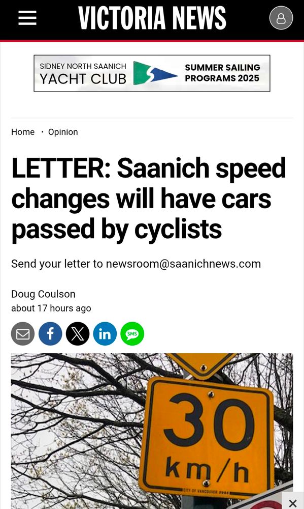 Screenshot from a letter to the editor of the Victoria News that reads: "Saanich speed changes will have cars passed by cyclists"