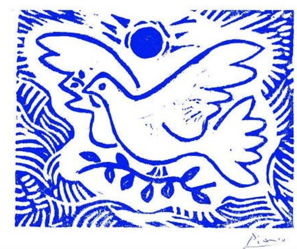 Gravura monocromática em azul feita por Picasso de pomba com um raminho no bico representando a paz.