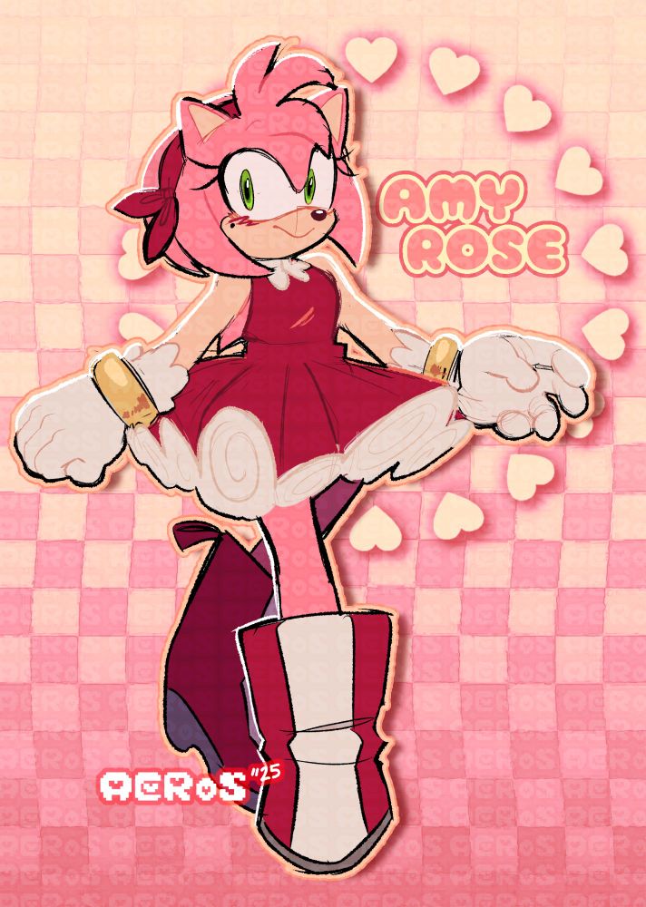 amy rose redesign, has smaller boots, a bow in her hair and her dress is more akin to an upside down bouquet 