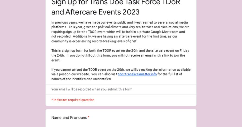 Sign Up for Trans Doe Task Force TDoR and Aftercare Events 2023