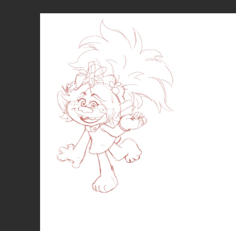 messy sketch of Poppy from Trolls doing an Amy Rose (from Sonic) render pose.
