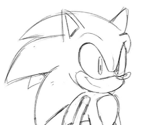 messy sketch of sonic the hedgehog from the torso up