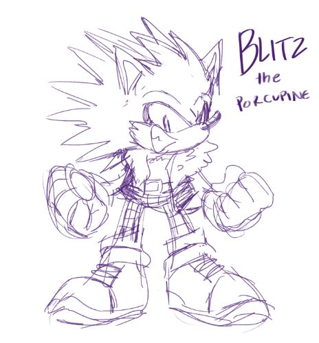 A sketch of a Sonic fan character. His name is Blitz the porcupine. He is grinning with his head turned and is in a strong stance with his fists to his side, ready to rumble. He is wearing a coat with a fur collar, and plaid pants. art by nanite 🎨