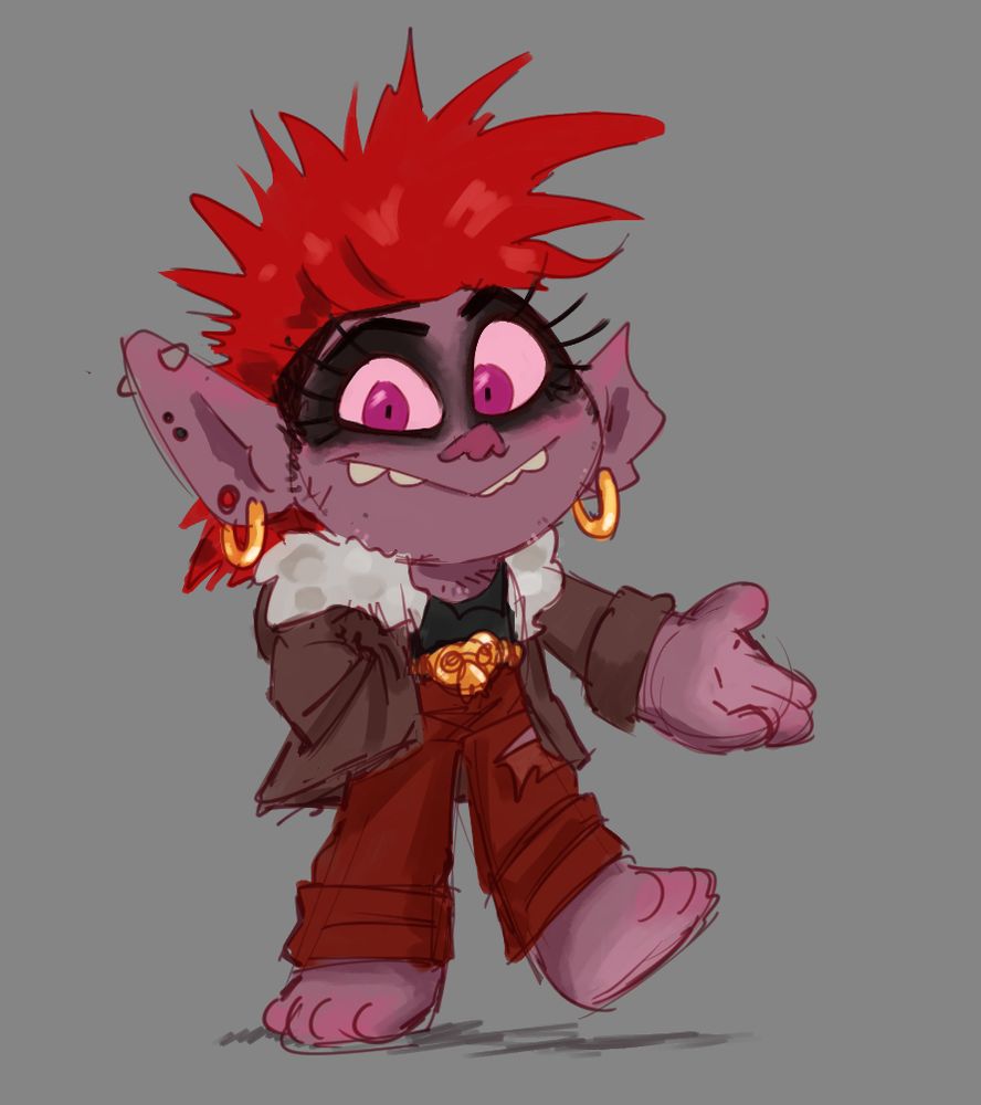 art of Queen Barb, a purple Rock Troll with a red Mohawk and pink eyes from Trolls World Tour. She is wearing a fluffy brown open coat with a black shirt underneath, red pants and a gold belt and earrings. She is looking at the viewer with a smile, her teeth slightly poking out. She is slightly lifting one foot off the ground and holding out her arm. her other hand is in her coat pocket. Art by nanite 🎨