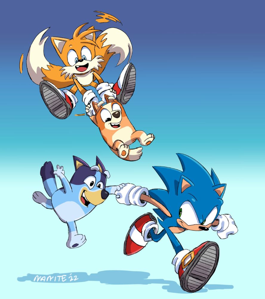 Art of Sonic the Hedgehog and Tails Prower hanging out with Bluey and Bingo from Bluey on a blue gradient background. Sonic is running ahead with Bluey holding his hand and being picked up by the momentum behind Sonic, and Tails is flying above with his twin tails like a helicopter, holding on to both of Bingo's hands and swinging her forward. Everyone looks like they're having a lot of fun.
art by nanite 🎨